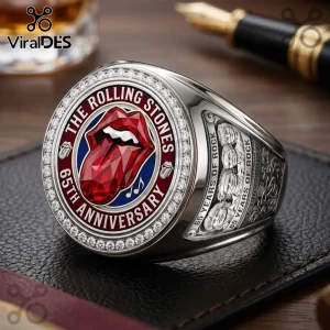 Silver Rolling Stones 65th anniversary championship ring with red crystal tongue logo, rhinestones, and band engravings.!