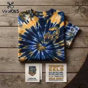 Parramatta Eels Blue and Gold Tie Dye T-Shirt featuring the team logo on a blue and yellow swirled fabric pattern.