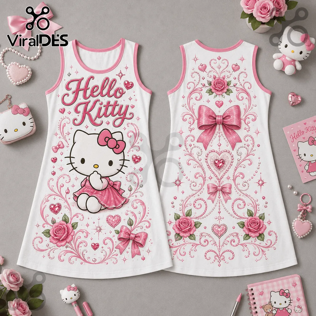 Hello Kitty Pink Rose Floral Sleeveless Tank Dress Hello Kitty Pink Rose Floral Sleeveless Tank Dress