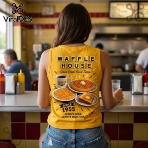 Waffle House Retro 1955 Logo V-Neck Tank Top in yellow featuring a food print graphic of coffee, waffles, and toast.