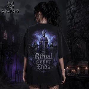 Oversized black cotton t-shirt with graphic print of a skeleton pope and hooded figures with the text The Ritual Never Ends.!