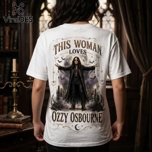 White t-shirt back graphic featuring Ozzy Osbourne, text This Woman Loves Ozzy Osbourne, bats, candles, and moon elements.!
