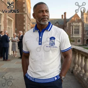 Man wearing a white Phi Beta Sigma polo shirt with blue collar trim, fraternity crest, and embossed dove Greek designs.!