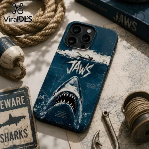 Jaws Bigger Boat Vintage Great White Shark phone case featuring classic movie poster art in deep blue on a nautical map.