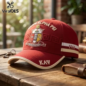 Kappa Alpha Psi baseball cap in crimson with embroidered fraternity crest, Greek letters, and 1911 detailing on a desk.!