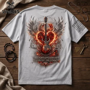 Grey cotton t-shirt featuring a flaming guitar graphic with phoenix wings and stylized runes on a wooden surface.!
