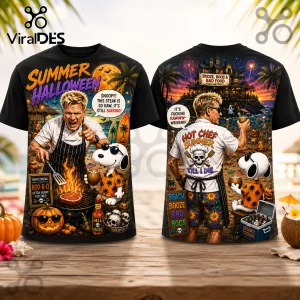 Gordon Ramsay x Snoopy Halloween Black T-Shirt featuring graphic prints of the chef and cartoon dog grilling on a beach.