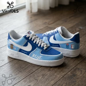 Custom Nike Air Force 1 sneakers in light and royal blue with NSW Blues rugby league branding and Champion text overlays.!