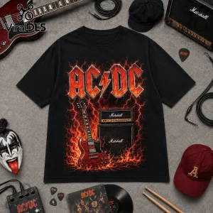 Vintage AC/DC I May Be Old Band T-Shirt featuring a red electric guitar and amplifier graphic against orange flames.