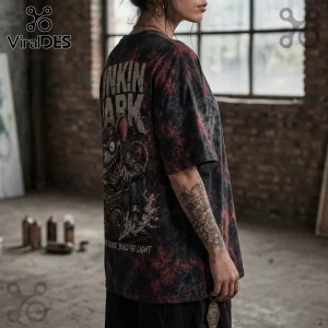 Black and red tie-dye t-shirt featuring a cartoon rat driving a car with the text Linkin Park and Make the noise, build.!