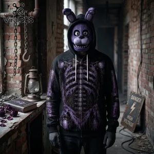 Five Nights at Freddy's Purple Mechanical Skeleton Hoodie featuring a Bonnie mask and robotic ribcage print on black fabric.