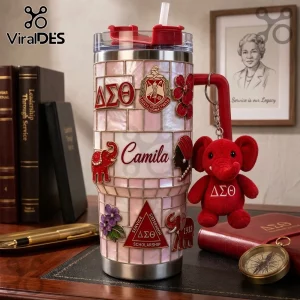 Delta Sigma Theta tumbler with mother of pearl texture, name Camila, red elephant keychain, and Greek sorority emblems.!