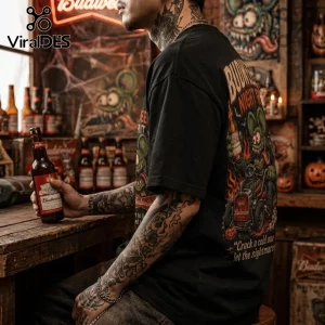 Budweiser Born To Be Wild Halloween Rat Fink T-Shirt featuring graphic art of a character driving a hot rod on back.
