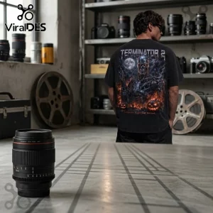 Terminator 2 No Fate Halloween Black Crewneck T-Shirt featuring an endoskeleton, moon, fire, and pumpkins on back print.