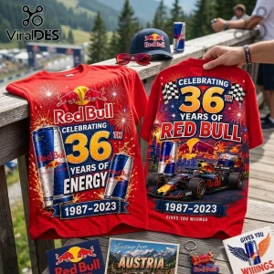 Red Bull 36 Years Anniversary Red T-Shirt featuring energy drink cans, fireworks, and Formula 1 car graphics.