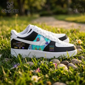 Custom white and black sneakers featuring Dance Gavin Dance band artwork, printed symbols, and text on a grassy background.!