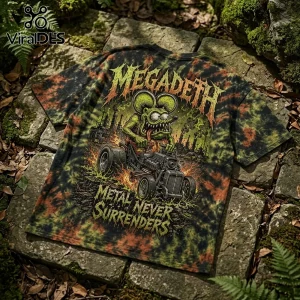 Megadeth band t-shirt featuring a cartoon rat driving a hot rod on a black, green, and orange tie-dye cotton fabric.!