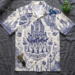 Ghostbusters Toile De Jouy Blue Button Down Shirt featuring intricate line art of NYC landmarks, proton packs, and ghosts.