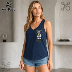 Morton Salt Vintage 1848 V-Neck Tank Top in navy blue with a graphic of a yellow-clad girl holding an umbrella.