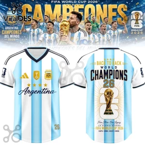 Argentina 2026 World Cup Back To Back Champions football jersey with light blue and white stripes and gold trophy graphics.