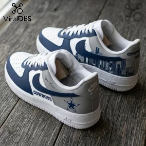Dallas Cowboys Navy Blue Skyline Air Force 1 Sneakers featuring a gray leather heel, blue swoosh, and skyline print.