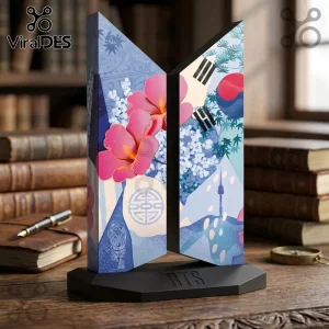 BTS Korean Heritage Acrylic Plaque featuring vibrant hibiscus flowers, the South Korean flag, and a mountain landscape.