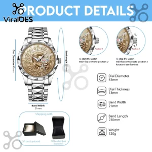 Elvis Presley commemorative analog watch with 43mm silver faceted dial and 230mm metallic link band.!