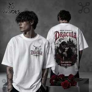 Bram Stoker's Dracula Gothic Romance White T-Shirt featuring dark castle, full moon, and red rose gothic graphic print.