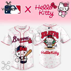 Atlanta Braves and Hello Kitty baseball jersey featuring red text, team logos, and character prints on white fabric.!