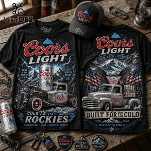 Two black Coors Light cotton t-shirts with graphic prints of vintage trucks, American flags, and Rocky Mountain imagery.!