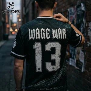 Wage War 2026 Australian Tour Crocodile Football Jersey in black with white distressed text and the number 13 on back.