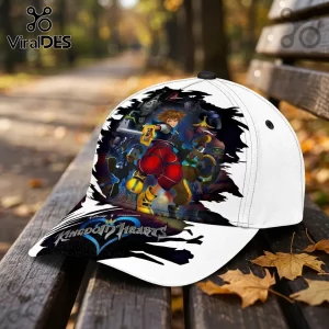 Kingdom Hearts graphic baseball cap featuring Sora holding a Keyblade on a white fabric background.!