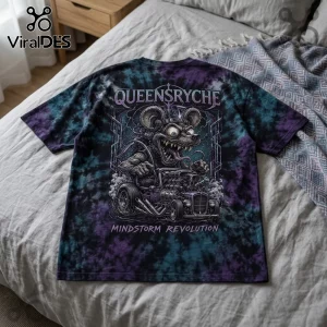 Queensryche Mindstorm Revolution graphic t-shirt on purple and black tie-dye cotton fabric lying on a bed.!