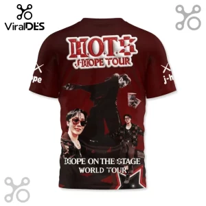 J-Hope Hope On The Stage Tour maroon t-shirt featuring bold graphic text, tour imagery, and concert photos on the back.