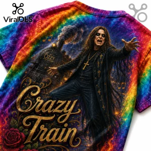 Ozzy Osbourne tie-dye t-shirt with a vintage steam train graphic, gold cross details, and Crazy Train text in bold font.!