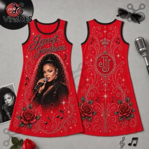 Janet Jackson red sleeveless dress with floral rose patterns, script text, and a JJ crown emblem on the back.!