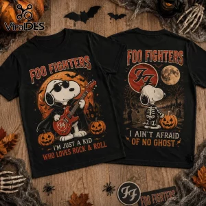 Foo Fighters x Snoopy Halloween Black T-Shirt with guitar-playing Snoopy and skeleton Snoopy in a graveyard design.