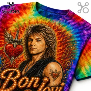 Jon Bon Jovi portrait t-shirt with tie-dye background, winged heart dagger graphic, and illuminated marquee lettering.!