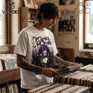Snoopy x My Chemical Romance Black Parade T-Shirt on a tattooed man in a record store featuring a graphic print design.