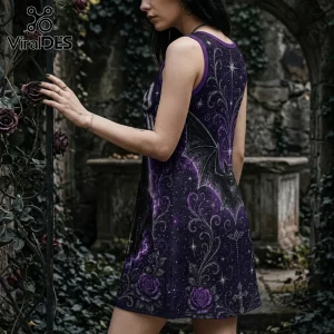 Woman wearing a sleeveless purple gothic dress with bat, star, and rose prints standing near a dark wrought iron gate.!