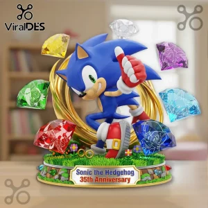 Sonic the Hedgehog 35th Anniversary statue with six colored Chaos Emeralds surrounding a golden ring on a grassy base.!