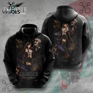 Black hooded sweatshirt with Tifa Lockhart character graphic from Final Fantasy VII, featuring cherry blossoms and text.!