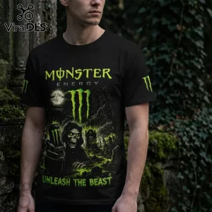 Monster Energy Halloween Unleash The Beast T-Shirt featuring a reaper holding an energy can against a graveyard background.
