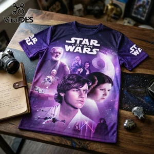 Star Wars A New Hope purple graphic t-shirt featuring Luke, Leia, Obi-Wan, and Darth Vader on a wooden desk.!