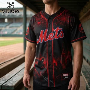 Black New York Mets baseball jersey featuring red spiderweb graphics, a Spider-Man silhouette, and Marvel branding.!