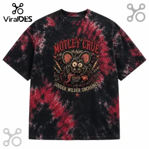 Mötley Crüe graphic t-shirt with red and black tie-dye, featuring a crazed rat illustration and band tour text.!