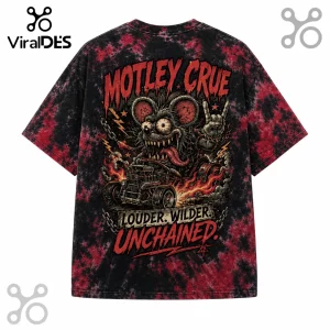 Motley Crue graphic t-shirt with red and black tie-dye print featuring a monster driving a hot rod and heavy metal text.!