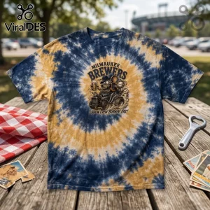 Blue and gold spiral tie-dye t-shirt featuring a cartoon mouse driving a hot rod with Brewers text and a beer mug.!