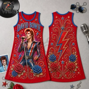 David Bowie sleeveless dress featuring Ziggy Stardust graphics, red and blue lightning bolts, roses, and ornate swirls.!
