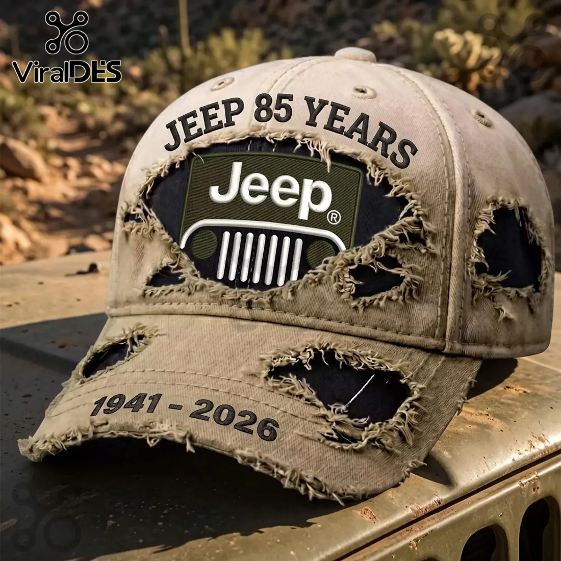Jeep 85 Years 1941-2026 Distressed Tan Baseball Cap Jeep 85 Years 1941-2026 Distressed Tan Baseball Cap